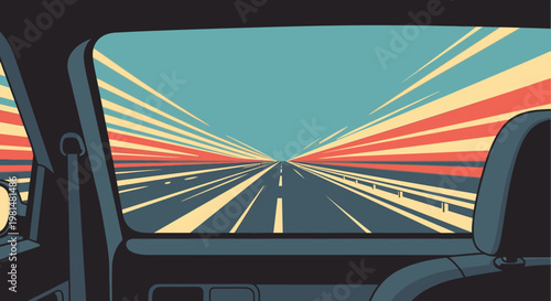 Stylized rear window view from a speeding car on an open highway, depicting a dynamic journey with motion blur effects and a retro aesthetic.