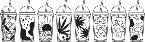 A collection of eight ink bottles with unique hand-drawn designs on labels Vector