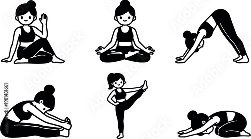 Black and white vector art woman doing yoga stretching poses set