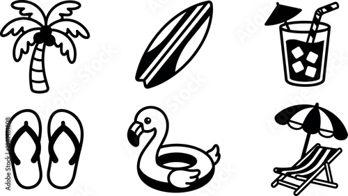 Black and white line art beach icons with palm tree surfboard drink and beach chair