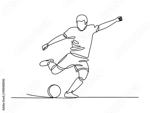 Continuous line drawing of a soccer player kicking a ball with one leg extended  action and movement in a single line