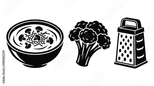 Broccoli soup bowl with fresh vegetable and cheese grater kitchen icons.