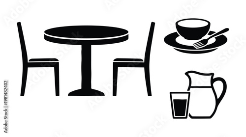Cafe furniture and dishware vector illustration set isolated.