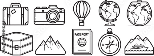 A collection of travel essentials including luggage and navigation tools Vector