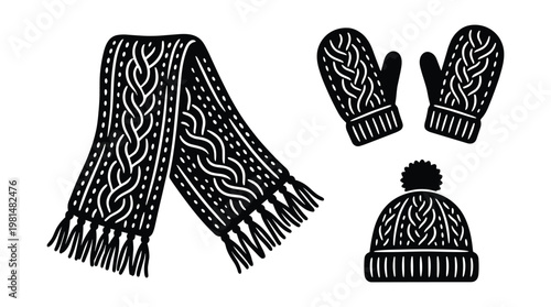 Knitted scarf mittens and hat vector for winter warmth and fashion.