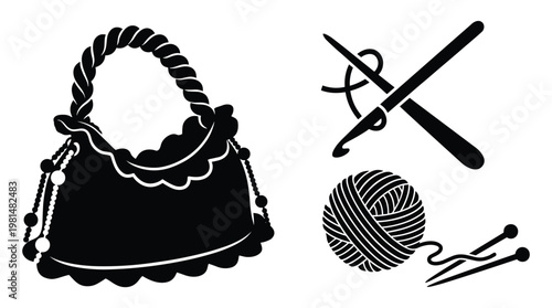 Handbag yarn and knitting needles vector for crafting and hobbies.