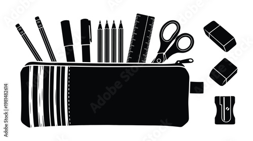 School supplies and stationery in a pencil case black silhouette.