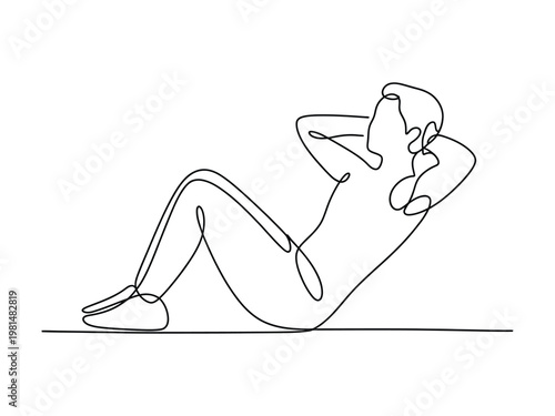 Continuous line drawing of a woman doing crunches on the floor in one fluid motion  fitness and exercise concept