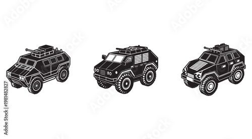 Armored vehicles with guns on top for military and security purposes  armored cars with machine guns and turrets  military transport vehicles