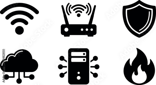 Black wifi router shield cloud server fire icons set