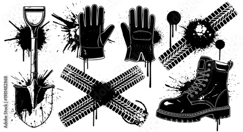 Retro Hip Hop Street Culture Kit with Boombox Sneakers and Accessories in Gritty Vintage Style Vector Illustration