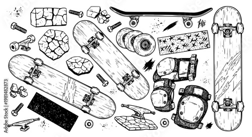 Underground Skateboarding Gear Collection with Distressed Ink Style and Urban Texture Elements Vector Illustration