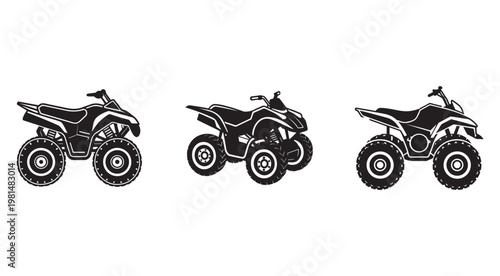 Black and white ATV quad bike vehicle illustrations in different positions and angles  side views of offroad motorcycles with four wheels and rugged tires for racing and adventure