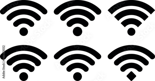 Black wifi signal icons set with variations in shape and dot design
