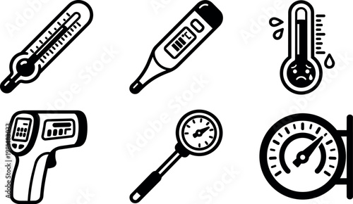 Black and white line art thermometer icons set with digital and infrared types