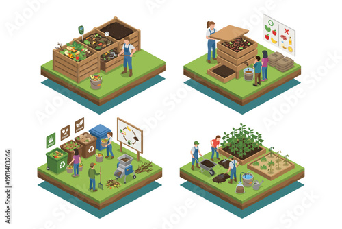 Sustainable waste management and organic gardening Isometric concepts of composting and recycling