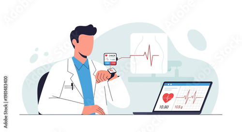 Doctor checking smartwatch with heart rate monitor and ECG on laptop screen