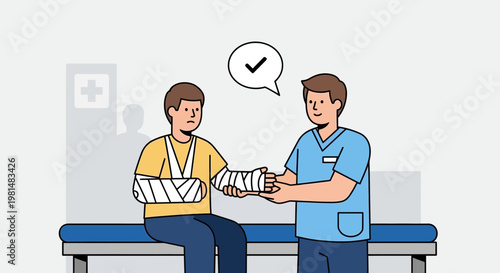 Doctor checks patient's broken arm cast, recovery, healthcare, medical treatment, support