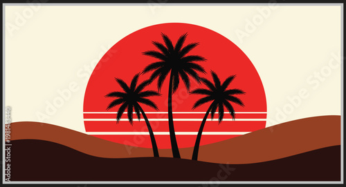 Retro tropical sunset with palm tree silhouettes and bold red sun, minimal desert landscape, vintage summer vector illustration background design