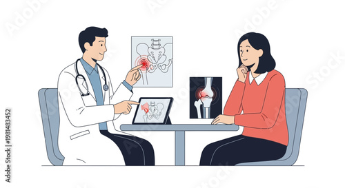 Doctor consulting patient about hip joint pain and medical imaging
