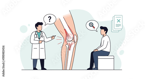 Doctor consulting patient about knee pain, bone anatomy illustration, medical diagnosis concept