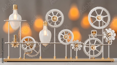 Intricate mechanical sculpture featuring interconnected gears and illuminated light bulbs presents a concept of perpetual motion or complexity.