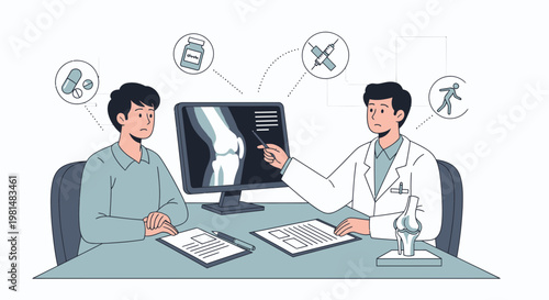 Doctor consulting patient about knee xray, medical treatment and diagnosis