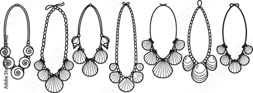 A collection of seven distinct necklace designs with various pendants and chains Vector