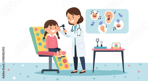 Doctor examines child's ear with otoscope in medical office, hearing test illustration