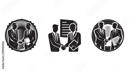 Black and white illustrations of businessmen shaking hands and holding documents in various circular and rectangular shapes for business and partnership concepts  business agreement and partnership