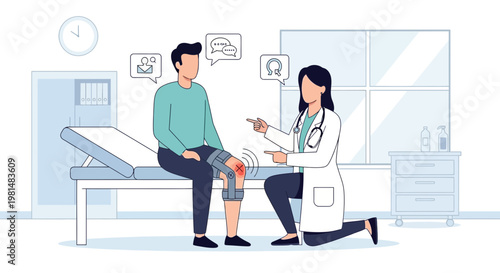 Doctor examines patient's knee injury in clinic, discussing treatment options with icons