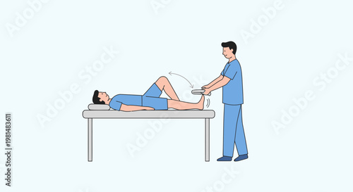 Doctor examines patient's knee reflex with reflex hammer on examination table