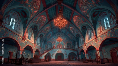 Ornate grand hall interior features elaborate decorations and warm ambient lighting from chandeliers