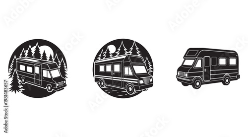Black and white illustrations of camper vans and recreational vehicles with pine trees and full moon  recreational vehicles and campervans with trees