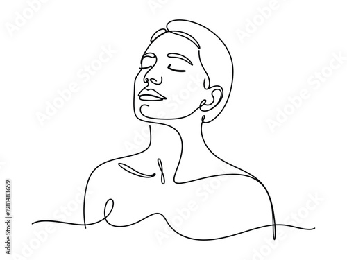 Continuous line drawing of a woman with closed eyes and serene facial expression  minimalist portrait in a single flowing line