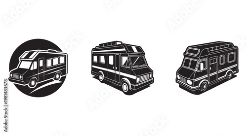 Black and white illustrations of camper vans in different views and designs for travel and adventure  recreational vehicles for road trips and outdoor exploration