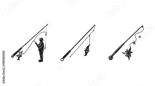 Black and white illustrations of fishing rods and a man fishing with a fish on the hook and different lures  recreational fishing methods and equipment