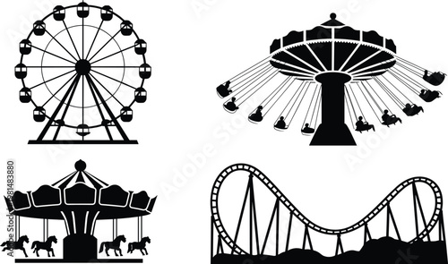 Amusement park rides silhouette set with ferris wheel, swing carousel and roller coaster theme park attraction vector illustration