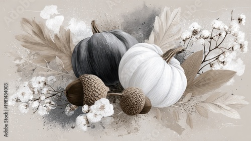 Decorative arrangement features contrasting gourds and natural elements in muted tones