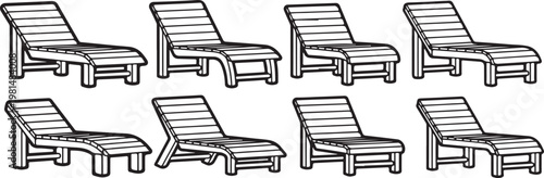 A series of eight wooden benches with slatted seats and backrests Vector