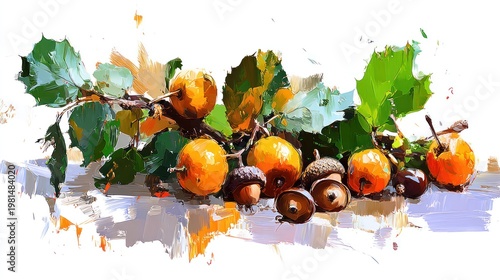 Impressionistic still life arrangement features vibrant orange fruits and dark brown nuts alongside rich green foliage on a white surface.