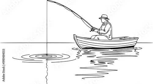 Minimal Fishing Line Art Illustration, Man Sitting on Boat Catching Fish on Calm Water Simple Outline Style