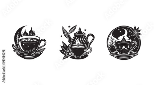 Black and white illustrations of tea cups and teapots with leaves and moon  tea time graphics