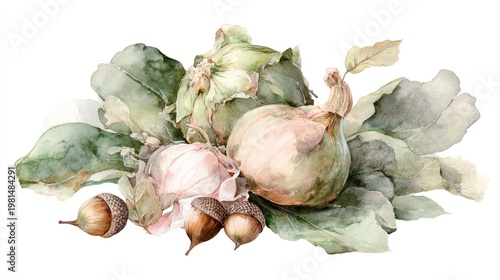 Watercolor arrangement features fresh harvested vegetables and scattered nuts against a white background