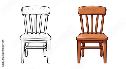 Wooden Chair Line Art and Colored Illustration Comparison