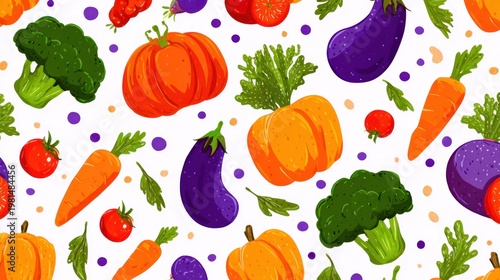 Brightly colored garden produce repeats across a clean white background pattern
