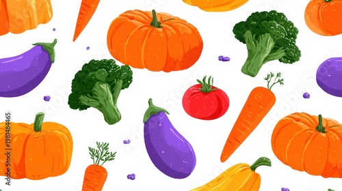 Vibrant assortment of fresh garden produce creates a colorful repeating pattern on a white background
