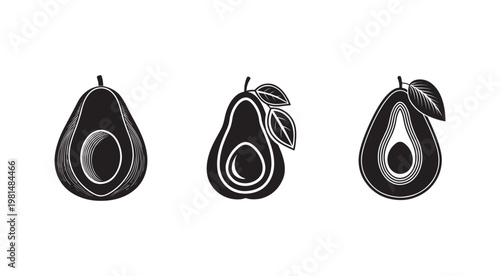 Black and white illustrations of whole and halved avocados with leaves on white background