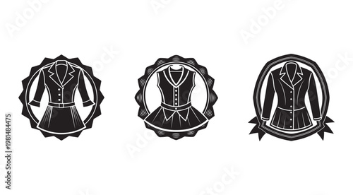Black and white illustrations of womens clothing with jackets and skirts in circular frames  fashion design elements