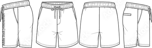 Men athletic shorts technical fashion drawing set front back and side view with drawstring waistband sportswear vector template illustration